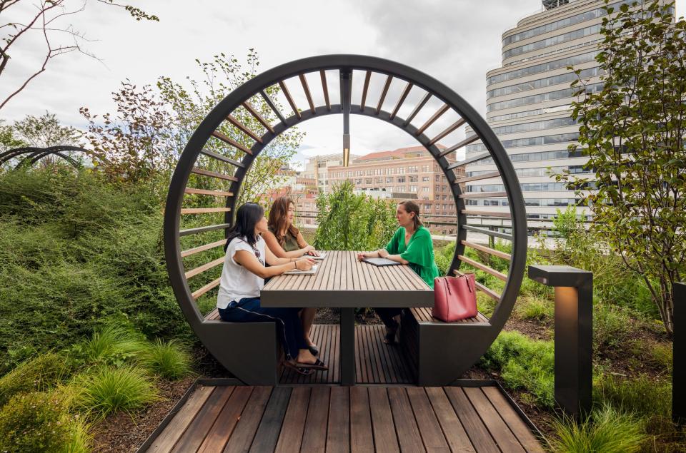Outdoor space with a circular feature on a bench 