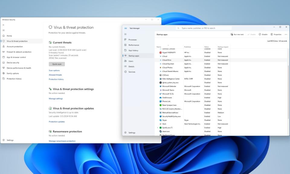 A screenshot of Windows 11's built-in security and task manager tools in a desktop environment.