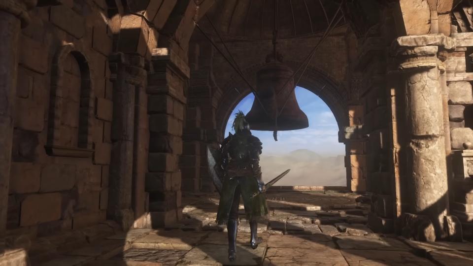 Knight approaching bell in tower over desert