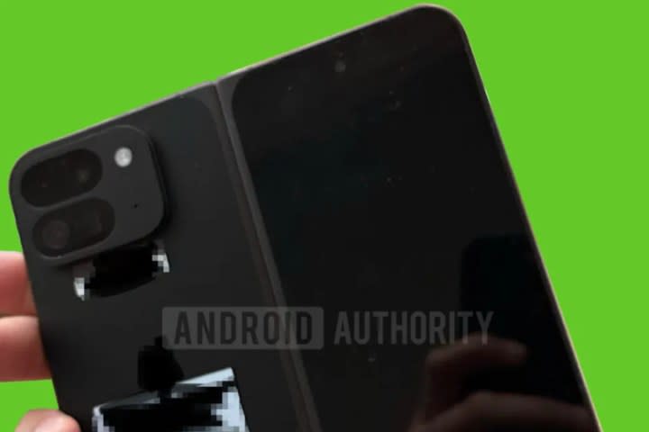 A leaked hands-on photo of the Google Pixel Fold 2, showing a close-up of its camera module on the back.