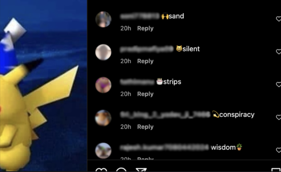 Comments by porn bots on a Pikachu meme on Instagram, including 