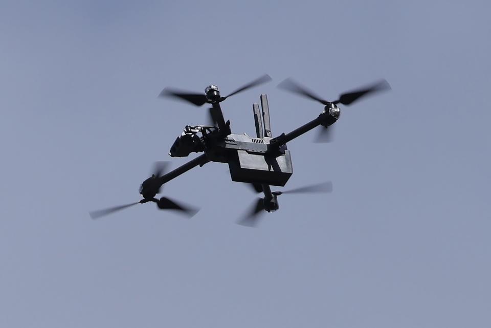A Skydio quadcopter drone of the U.S. military hovers over the venue of the 15th meeting of the Ukraine Defense Contact Group at Ramstein Air Base on September 19, 2023 in Ramstein-Miesenbach, Germany.
