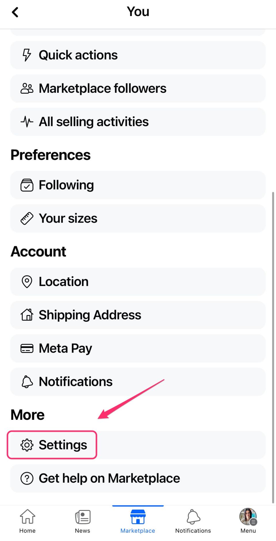 Facebook Marketplace settings
