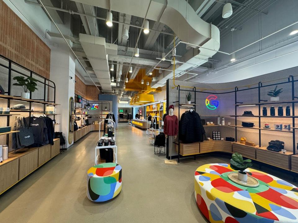 Shirts, bags, and other merchandise in the Google merchandise store