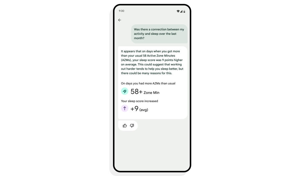 Google screenshot of an upcoming Fitbit feature that answers personal health questions. The user's text box asks about connections between their activity and sleep, and the bot says that when they spend 58+ minutes in activity zones, their sleep score rose by nine points.