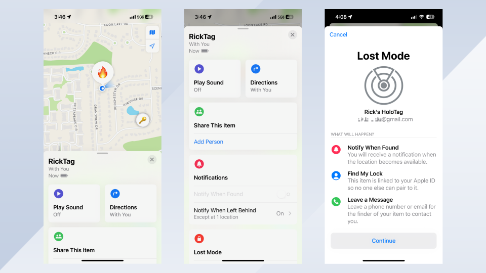 Screenshots of the Find My app showing various HoloTag settings and options.