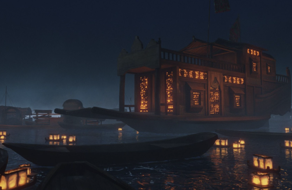 A screenshot from The Pirate Queen, showing an ornate ship with a warm glow emanating from its windows. The ship is on a body of water that has some floating lanterns on it.