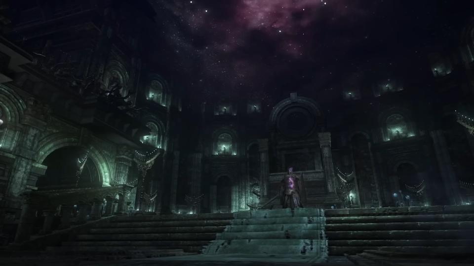 Night sky nebula visible in cathedral interior over giant knight