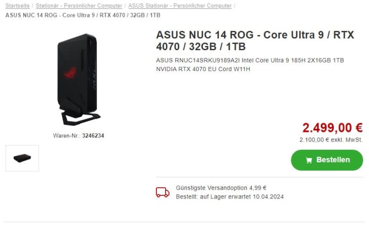 A listing of the Asus ROG NUC 14.