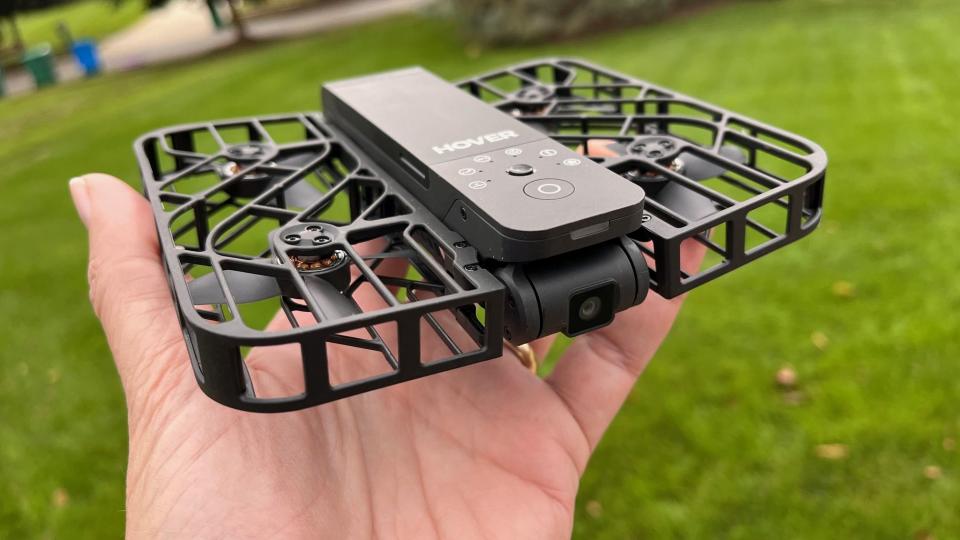 A close-up photo of the HoverAir X1 drone in my hand.