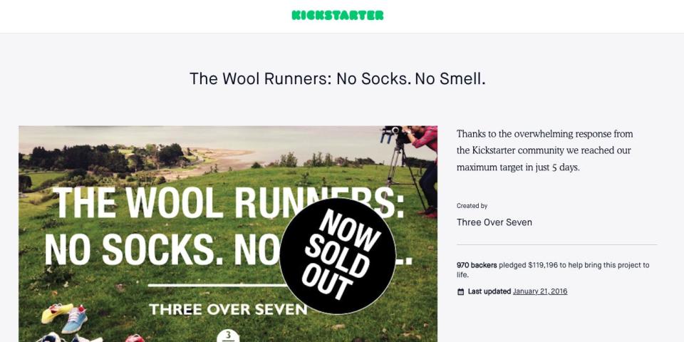 Allbirds' Kickstarter page where a banner has been added to note that their wool runner shoes are now sold out.