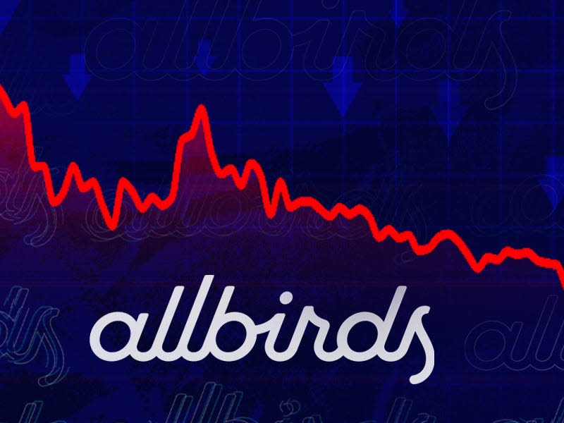 A blue and red collage depicting Allbirds's drop in stock price over the last six months.