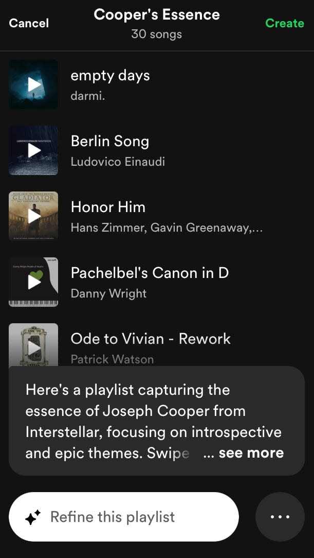 A screenshot showing a playlist of songs created by Spotify's AI feature