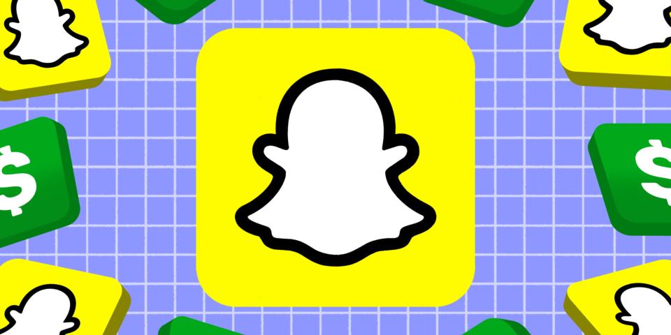 Snapchat logo and dollar signs in front of a purple background