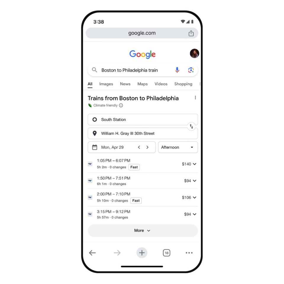 Google Search will let you find train connections directly on the results page.