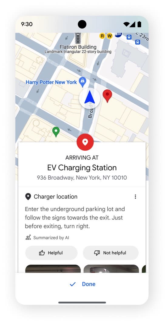 Google Maps uses AI to summarize directions to an EV charging station.