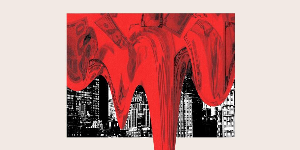 City scape covered with red money