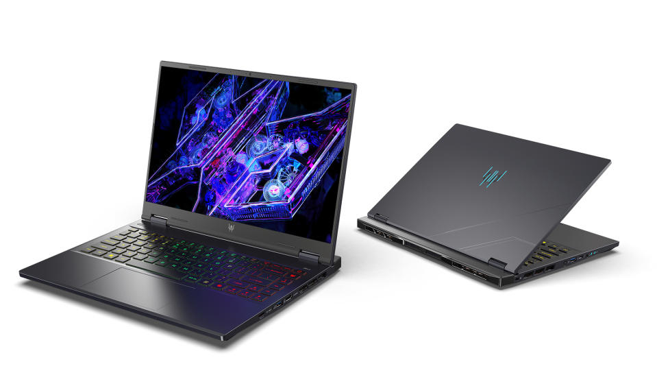 Product marketing image for the Acer Predator Helios Neo 14 gaming laptop. An open version sits on th left, with a partially closed view from behind on the right. Grayish-blue background.