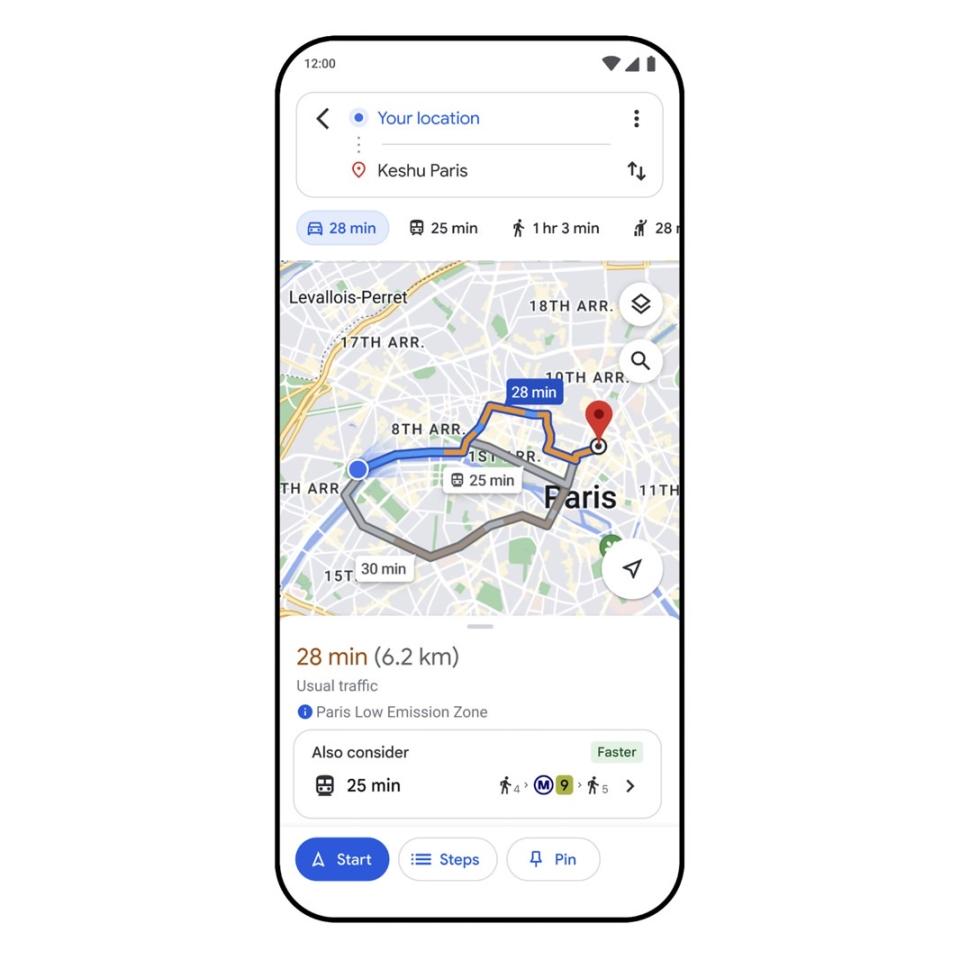 Google Maps can suggest alternatives to driving when appropriate.