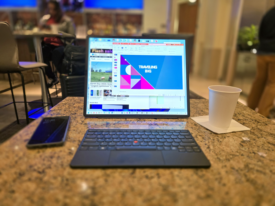 The Lenovo ThinkPad X1 Fold, which opens up to a 16.3-inch display, is one of several new innovative laptops that can help travelers work big on the road.