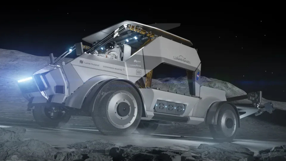 Lunar Outpost's Lunar Dawn LTV concept is pictured in a rendering showing it driving on the moon