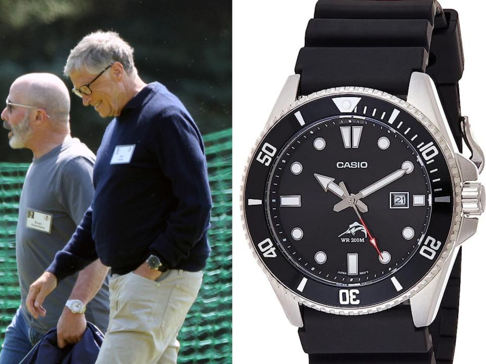 composite image Bill gates walking with Evan Greenberg and Casio watch
