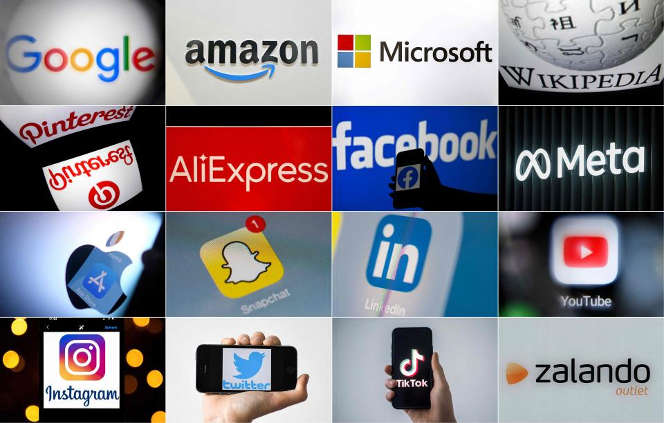 This combination of pictures shows logos of online platforms, applications, social networks and technology and IT companies of Google, Amazon, Microsoft, Wikipedia, Pinterest, AliExpress, Facebook, Meta, Apple app store ,Snapchat, Linkedin, Youtube, Instagram, Twitter, Tik Tok and fashion retailer Zalando.