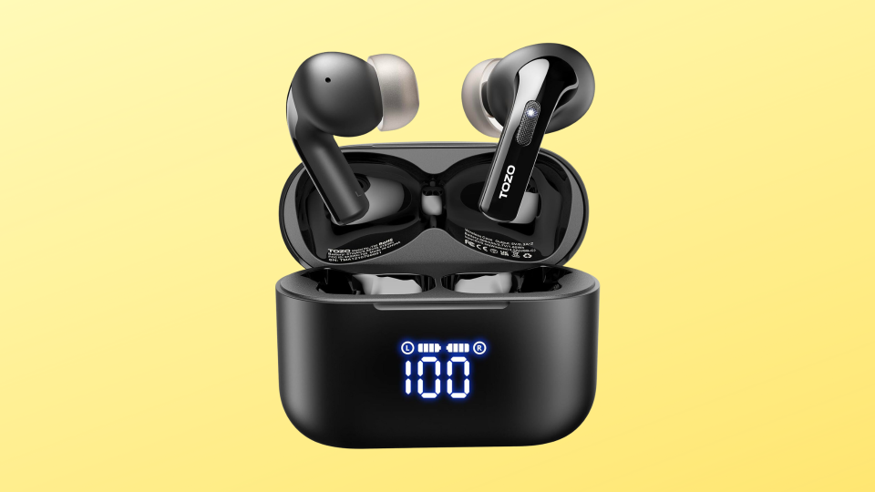 Tozo earbuds against a yellow background