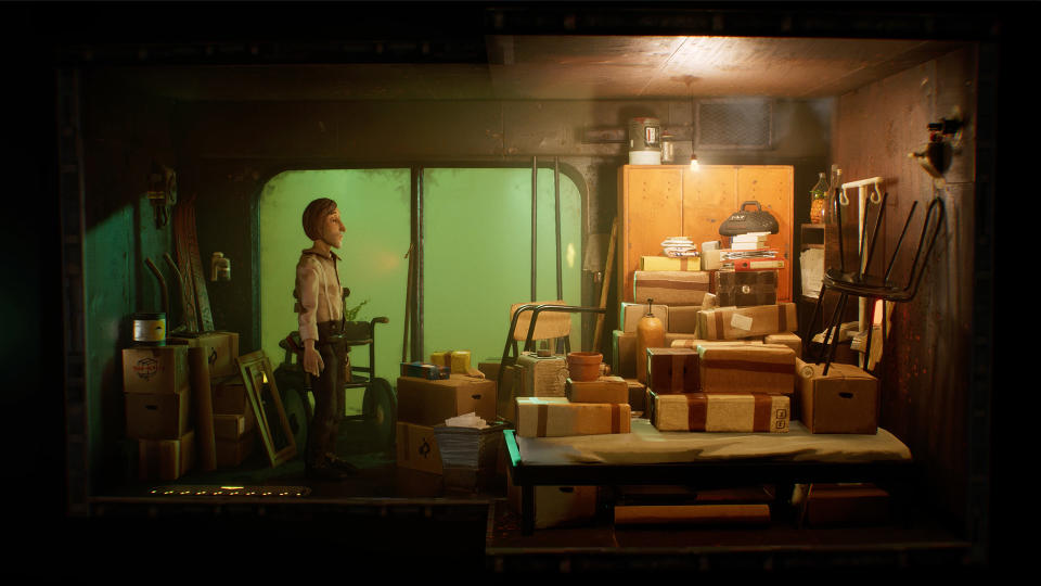 Still from the game Harold Halibut. The protagonist, unkempt in a dirty white shirt and pants, stands in a profile view in a grimy and cluttered room inside an underwater spaceship.
