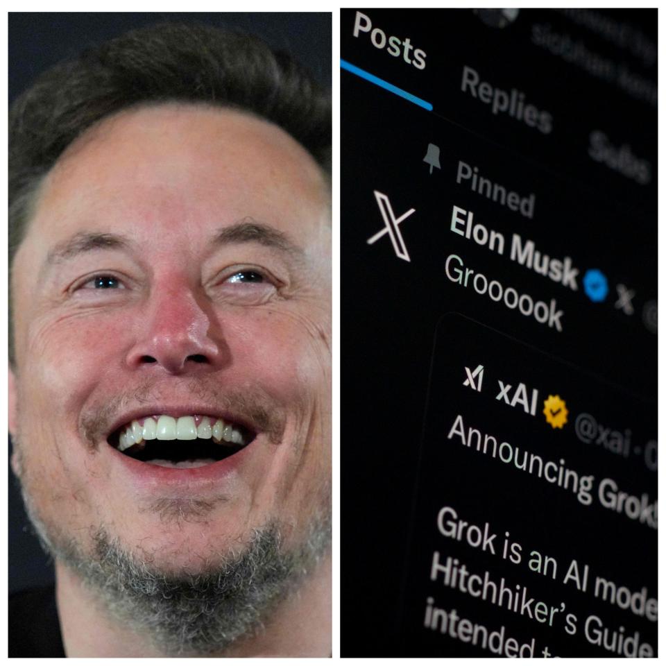 Elon Musk mugshot plus X post of Elon Musk announcing Grok
